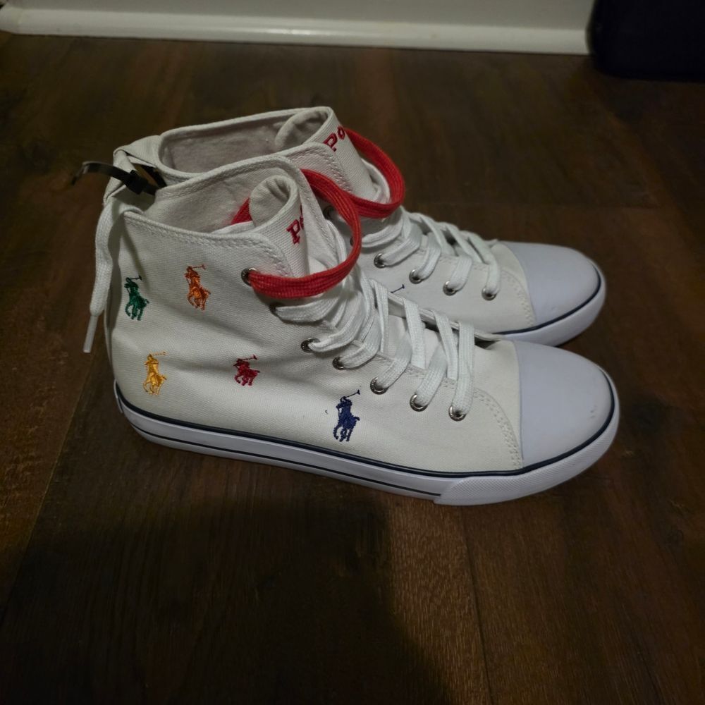 NWT-Polo Ralph Lauren White High-Top Sneakers with Multicolor Embroidery - Picture 16 of 16